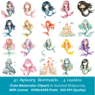 40 Splashy Mermaid +4 Castles Colored MRR Clipart Bundle from Christina Deptulski