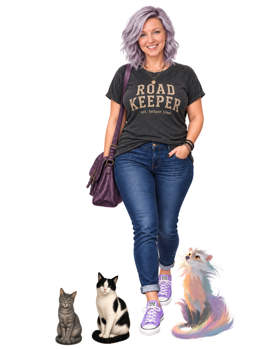 Crystal Berg, the Road Keeper, with her cats and Mr. Buttercream the binturong