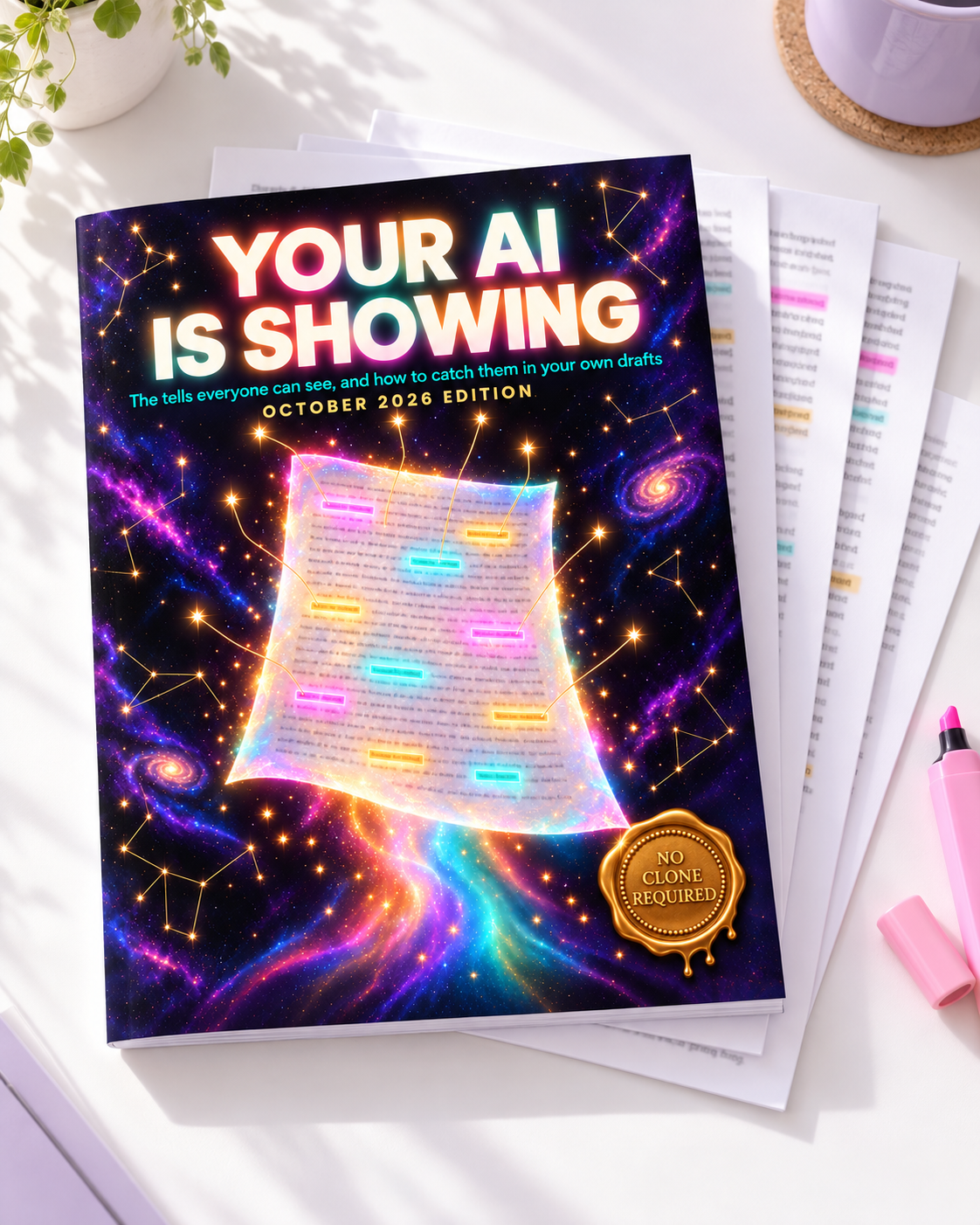 Your AI Is Showing October 2026 Edition cover, a glowing page of writing with its tells linked to gold stars, No Clone Required collection, AI writing tells guide